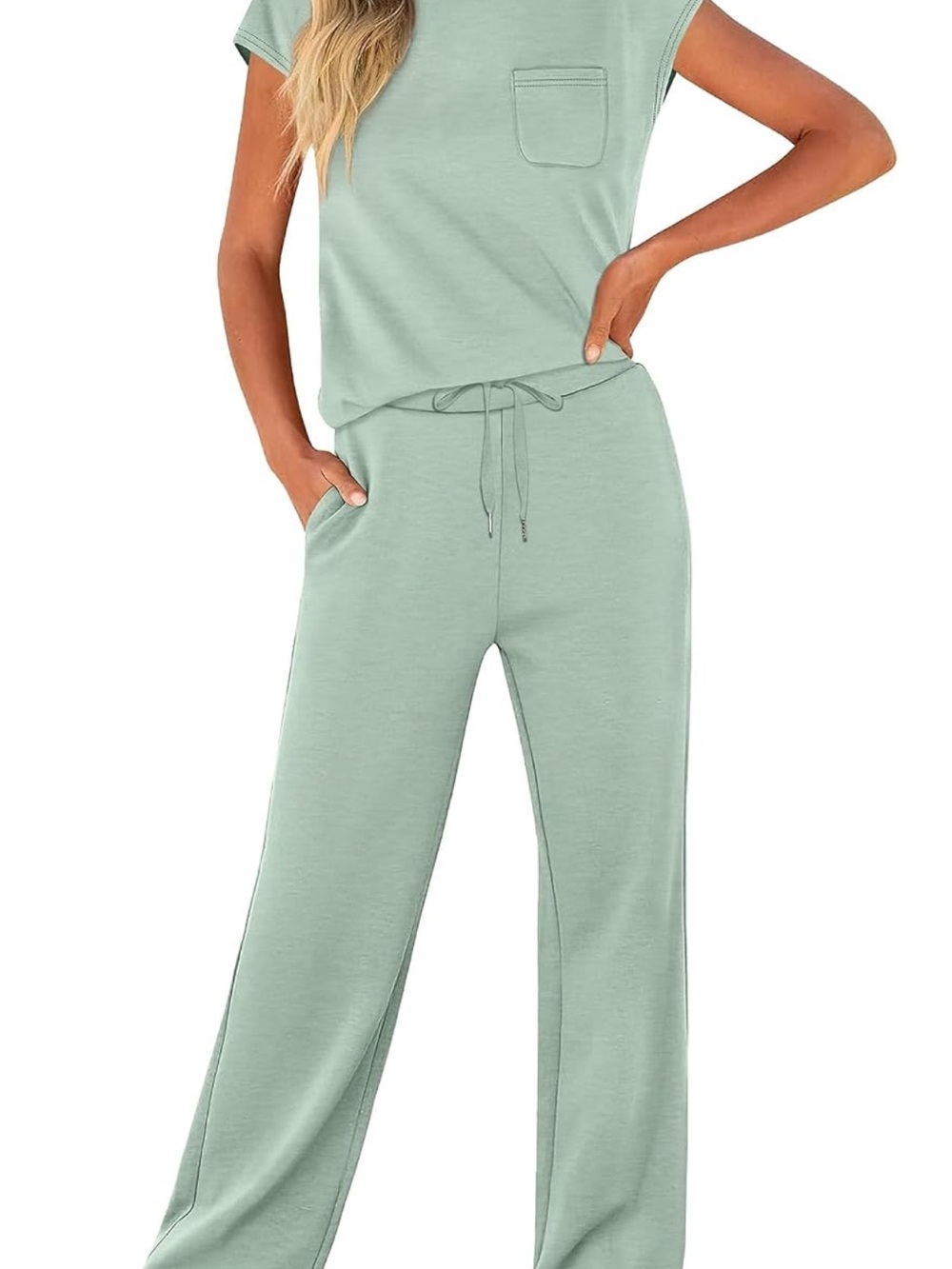 Women’s Sage Green Wide-Leg Jumpsuit with Drawstring Waist - Picture 3 of 4